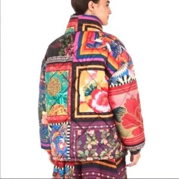 FARM Rio Mixed Scarves Reversible Puffer Jacket Patchwork Dopamine - Picture 4 of 14